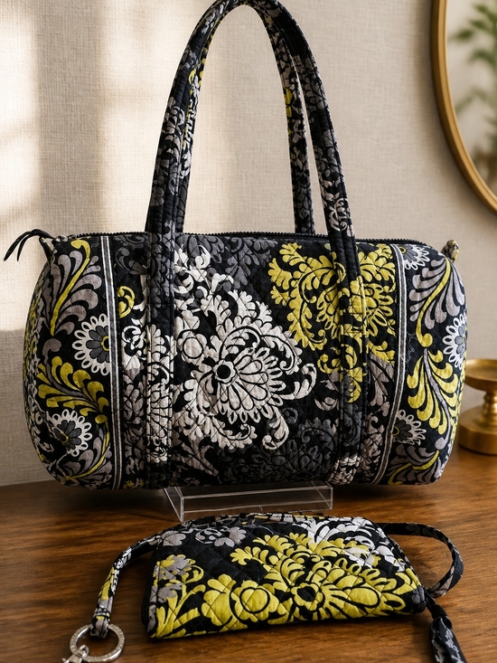Vera Bradley Handbags - 3 Piece Vera Bradley- Black, Yellow & Cream Quilted Barrel Tote with Wristlet